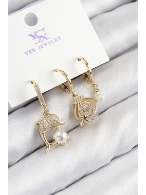 ® Pirinç Zirkon Taşlı 3lü Yunus Balığı Ve İstiridye Model Gold Renk Kadın Küpe