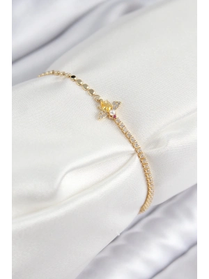 ® Pirinç Zirkon Taşlı Arı Model Ezme Zincir Gold Renk Kadın Bileklik