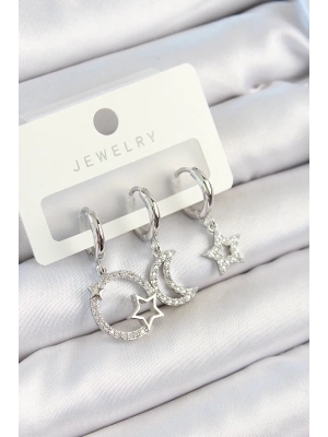 ® Pirinç Zirkon Taşlı Ay Ve Yıldız Model Gümüş Renk 3lü Çift Kadın Küpe Set