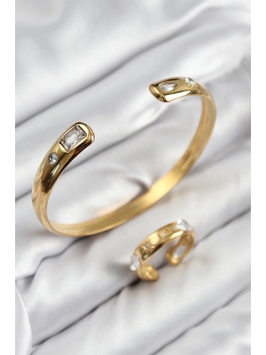 ® Pirinç Zirkon Taşlı Ayrık Model Gold Renk Bileklik Yüzük Set