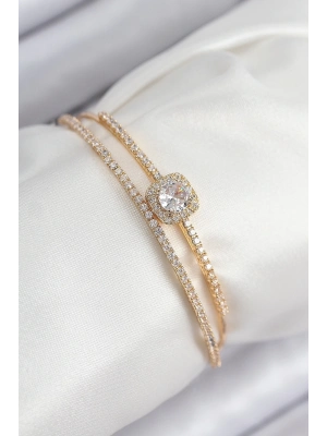 ® Pirinç Zirkon Taşlı Baget Model Gold Renk Kadın Bileklik