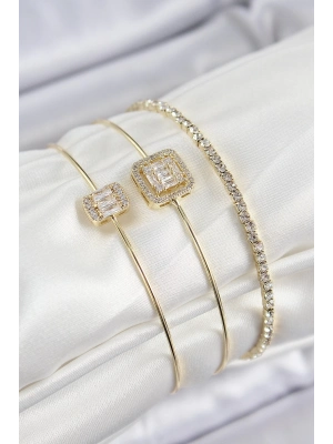 ® Pirinç Zirkon Taşlı Baget Model Gold Renk Vip 3lü Kadın Bileklik