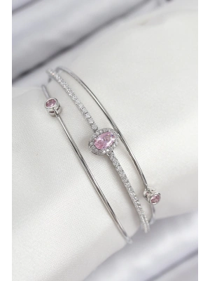 ® Pirinç Zirkon Taşlı Baget Model Gümüş Renk Kadın Bileklik