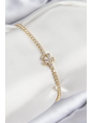 ® Pirinç Zirkon Taşlı Çiçek Model Gold Renk Kadın Bileklik