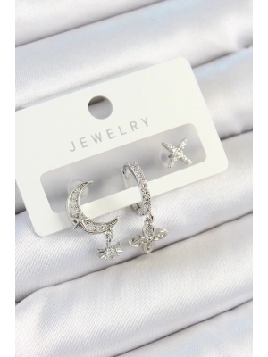 ® Pirinç Zirkon Taşlı Çiçek Ve Ay Model Gümüş Renk 3lü Çift Kadın Küpe Set