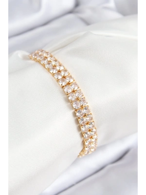 ® Pirinç Zirkon Taşlı Çift Sıra Kare Model Gold Renk Asansörlü Kadın Bileklik