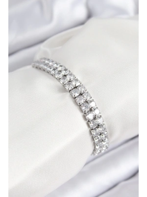 ® Pirinç Zirkon Taşlı Çift Sıra Kare Model Gümüş Renk Asansörlü Kadın Bileklik