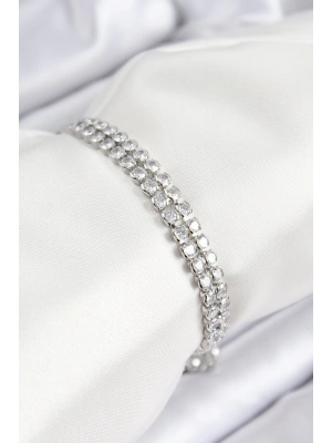 ® Pirinç Zirkon Taşlı Çift Sıra Model Gümüş Renk Asansörlü Kadın Bileklik