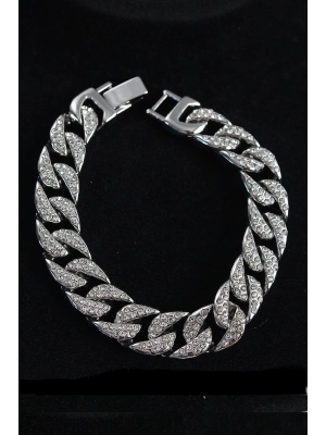 ® Pirinç Zirkon Taşlı Cuba Gurmet Model Gümüş Renk Erkek Bileklik