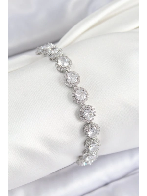 ® Pirinç Zirkon Taşlı Daire Baget Model Gümüş Renk VIP Seri Kadın Bileklik