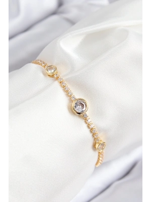 ® Pirinç Zirkon Taşlı Daire Model Gold Renk Asansörlü Kadın Bileklik
