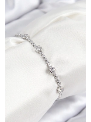 ® Pirinç Zirkon Taşlı Daire Model Gümüş Renk Asansörlü Kadın Bileklik