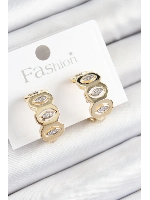 ® Pirinç Zirkon Taşlı Damla Figürlü Halka Model Gold Renk Kadın Küpe