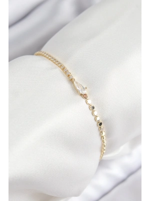 ® Pirinç Zirkon Taşlı Damla Model Ezme Zincir Gold Renk Kadın Bileklik