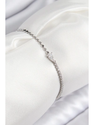 ® Pirinç Zirkon Taşlı Damla Model Ezme Zincir Gümüş Renk Kadın Bileklik