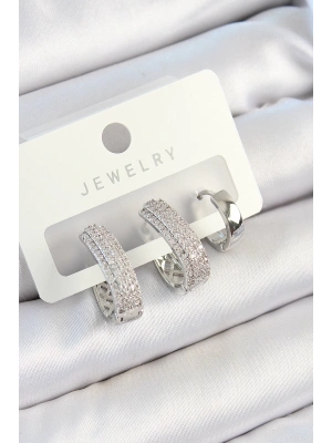 ® Pirinç Zirkon Taşlı Damla Model Gümüş Renk 3lü Çift Kadın Küpe Set