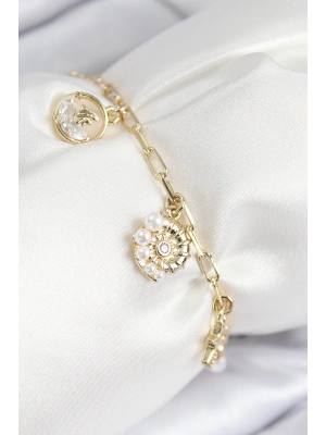 ® Pirinç Zirkon Taşlı Deniz Kabuğu Model Gold Renk Kadın Bileklik