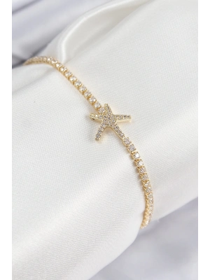 ® Pirinç Zirkon Taşlı Deniz Yıldızı Model Gold Renk Kadın Bileklik
