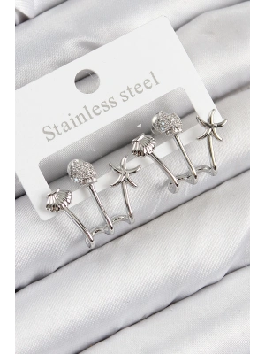 ® Pirinç Zirkon Taşlı Deniz Yıldızı ve İstiridye Model Gümüş Renk Kadın Küpe