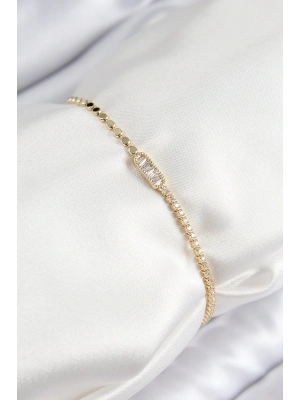 ® Pirinç Zirkon Taşlı Dikdörtgen Model Ezme Zincir Gold Renk Kadın Bileklik