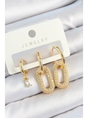 ® Pirinç Zirkon Taşlı Dikdörtgen Model Gold Renk 3lü Çift Kadın Küpe Set