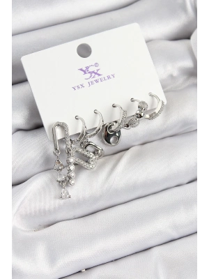 ® Pirinç Zİrkon Taşlı Dikdörtgen Model Gümüş Renk 3lü Çift Kadın Küpe