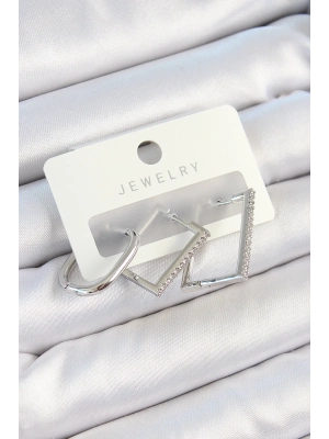 ® Pirinç Zirkon Taşlı Dikdörtgen Model Gümüş Renk 3lü Çift Kadın Küpe Set