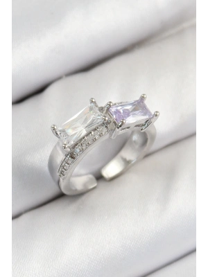 ® Pirinç Zirkon Taşlı Dikdörtgen Model Gümüş Renk Kadın Yüzük