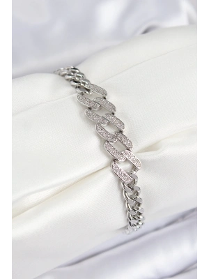 ® Pirinç Zirkon Taşlı Ezme Küba Zincir Model Gümüş Renk Kadın Bileklik