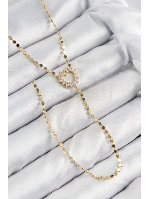 ® Pirinç Zirkon Taşlı Ezme Zincirli Kalp Model Gold Renk Y Kolye