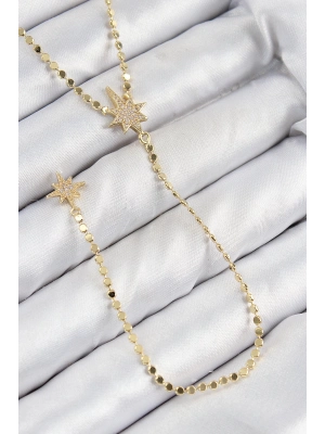 ® Pirinç Zirkon Taşlı Ezme Zincirli Kutup Yıldızı Model Gold Renk Y Kolye