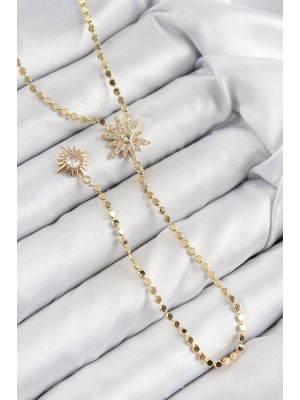 ® Pirinç Zirkon Taşlı Ezme Zincirli Kutup Yıldızı Model Gold Renk Y Kolye