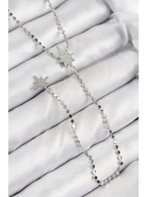 ® Pirinç Zirkon Taşlı Ezme Zincirli Kutup Yıldızı Model Gümüş Renk Y Kolye