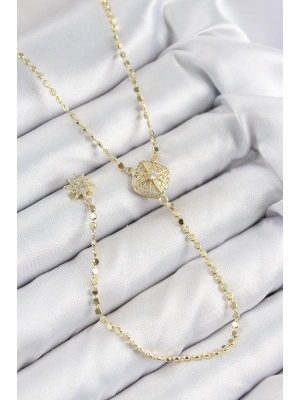® Pirinç Zirkon Taşlı Ezme Zincirli Madalyon Model Gold Renk Y Kolye