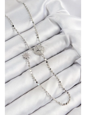 ® Pirinç Zirkon Taşlı Ezme Zincirli Madalyon Model Gümüş Renk Y Kolye