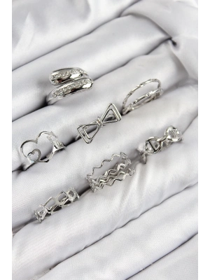 ® Pirinç Zirkon Taşlı Fiyonk Ve Kalp Model Gümüş Renk Kadın Yüzük Kombin Set