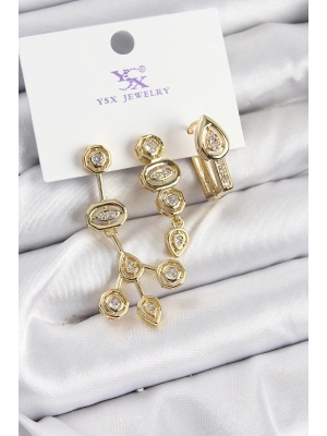 ® Pirinç Zİrkon Taşlı Geometrik Model Gold Renk 3lü Kadın Küpe