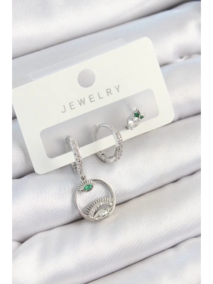 ® Pirinç Zirkon Taşlı Göz Ve Baykuş Model Gümüş Renk 3lü Çift Kadın Küpe Set