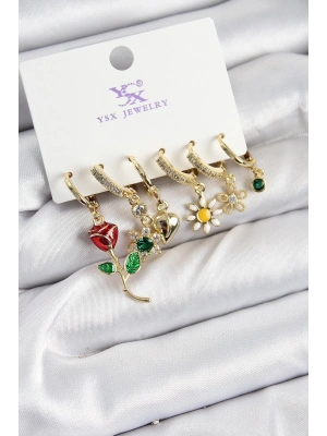 ® Pirinç Zİrkon Taşlı Gül Ve Papatya Model Gold Renk 3lü Çift Kadın Küpe