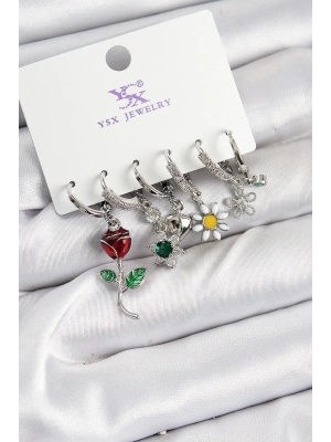 ® Pirinç Zİrkon Taşlı Gül Ve Papatya Model Gümüş Renk 3lü Çift Kadın Küpe