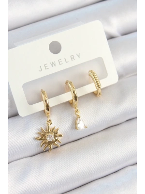 ® Pirinç Zirkon Taşlı Güneş Model Gold Renk 3lü Çift Kadın Küpe Set