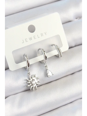 ® Pirinç Zirkon Taşlı Güneş Model Gümüş Renk 3lü Çift Kadın Küpe Set