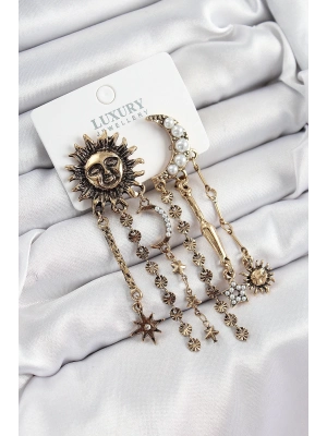 ® Pirinç Zirkon Taşlı Güneş Ve Ay Figürlü Eskitme Model Sallantılı Küpe