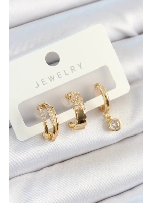 ® Pirinç Zirkon Taşlı Halka Model Gold Renk 3lü Çift Kadın Küpe Set