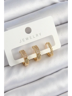 ® Pirinç Zirkon Taşlı Halka Model Gold Renk 3lü Çift Kadın Küpe Set
