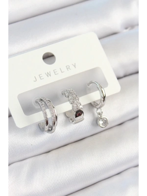 ® Pirinç Zirkon Taşlı Halka Model Gümüş Renk 3lü Çift Kadın Küpe Set