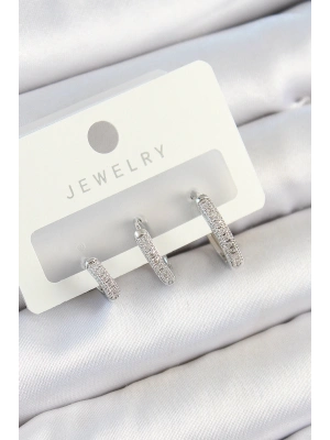 ® Pirinç Zirkon Taşlı Halka Model Gümüş Renk 3lü Çift Kadın Küpe Set