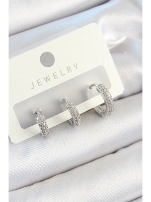 ® Pirinç Zirkon Taşlı Halka Model Gümüş Renk 3lü Çift Kadın Küpe Set