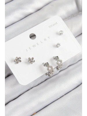 ® Pirinç Zirkon Taşlı Halka Model Gümüş Renk 925 Ayar Gümüş Çivi Kadın Küpe Set