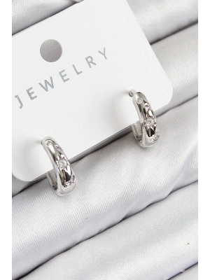 ® Pirinç Zirkon Taşlı Halka Model Gümüş Renk Kadın Küpe